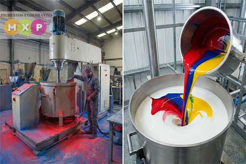 Comparativa visual dividida: A la izquierda, proceso industrial con pigmento en polvo y molino de perlas; a la derecha, vertido limpio y homogéneo de una dispersión pigmentaria líquida (pasta) sobre una base de pintura. | MXP