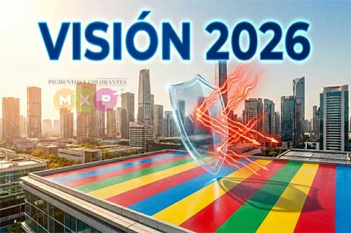 Gráfico conceptual Visión 2026: Escudo térmico rechazando calor sobre un techo colorido, representando tecnología Cool Roof y transparencia IR en pinturas. | MXP